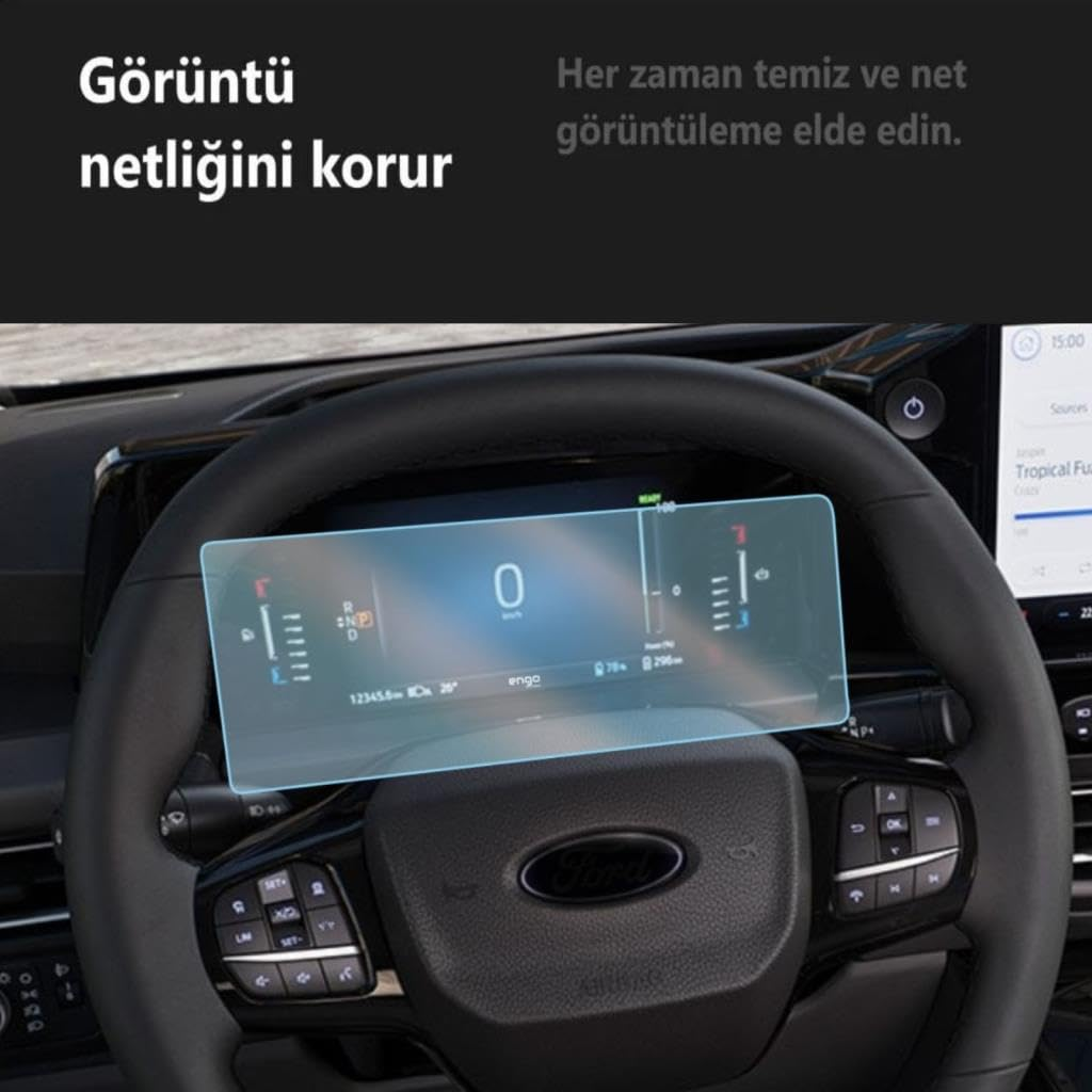 Üst kısmında Türkçe metin bulunan dijital gösterge panelli bir Ford direksiyonu.
