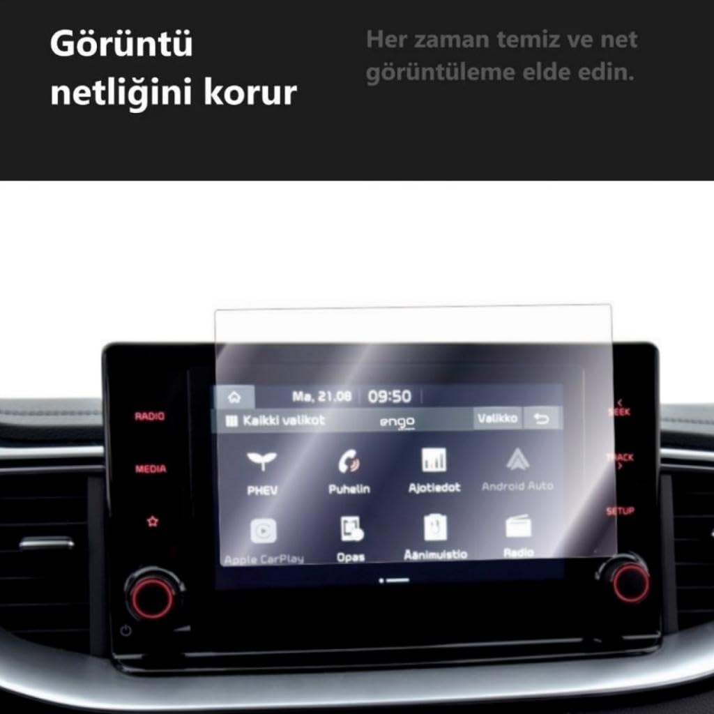 Şeffaf koruyucu ekran filmine sahip araç bilgi-eğlence ekranı.