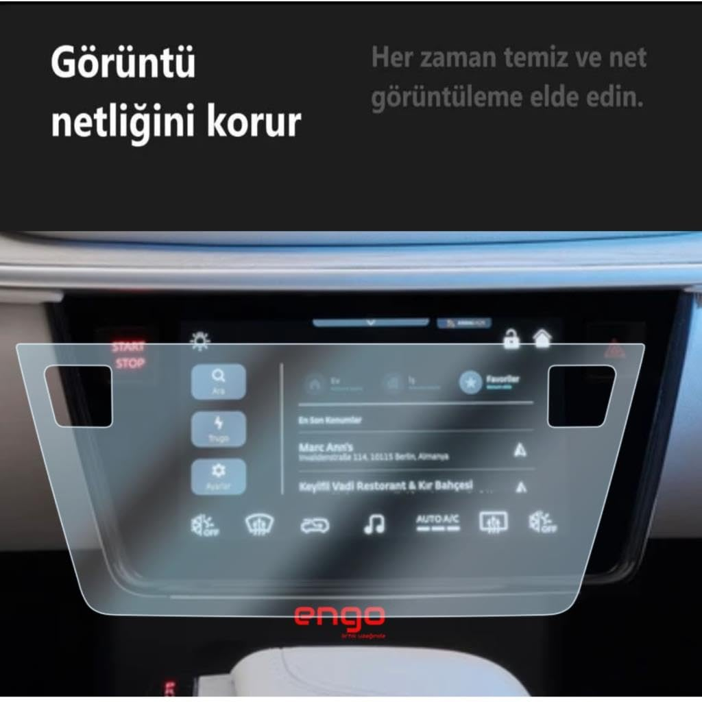 Arabanın bilgi-eğlence ekranına uygulanmış koruyucu ekran filmi ve üstte Türkçe metin.