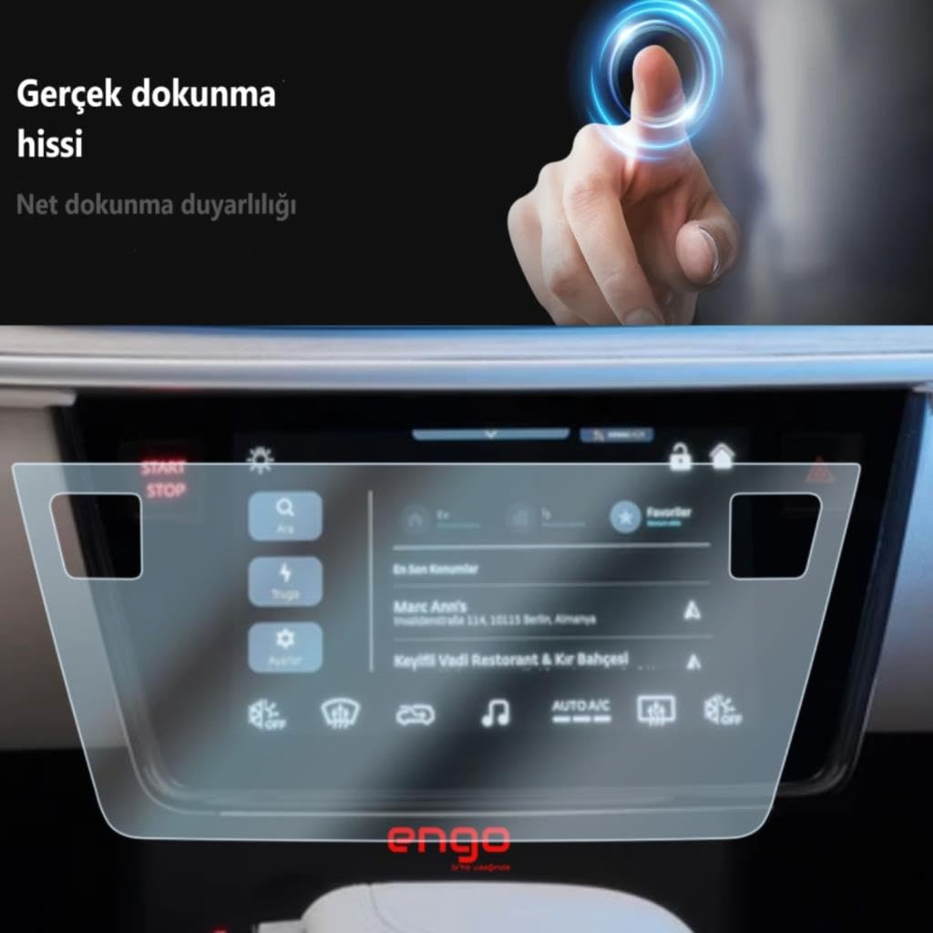Bir parmak, navigasyon ve ayar simgeleri gösteren koruyucu camlı bir araç dokunmatik ekranına dokunuyor.