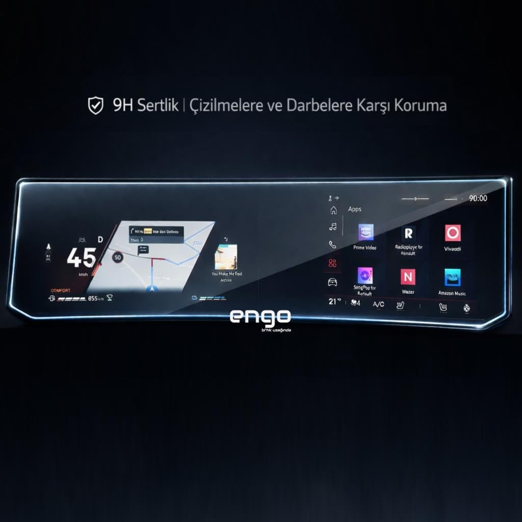 Koruyucu cam altında navigasyon ve uygulamalar gösteren araba ekranı.