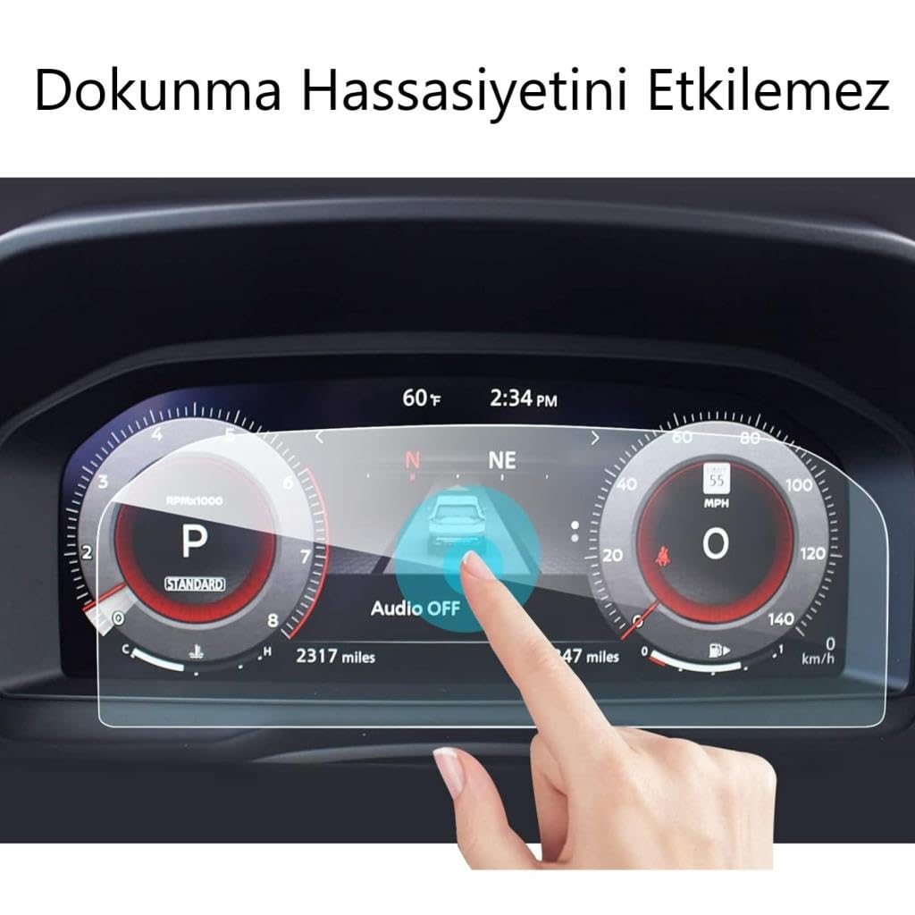 Bir parmak, göstergelerin bulunduğu dijital araba gösterge paneli ekranına dokunur.