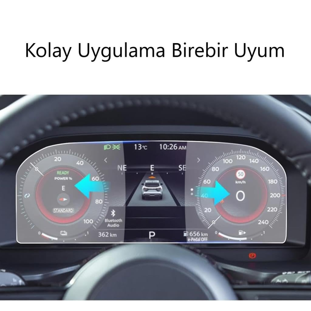Hız göstergeli dijital araba paneli ve üzerinde Türkçe reklam yazısı.