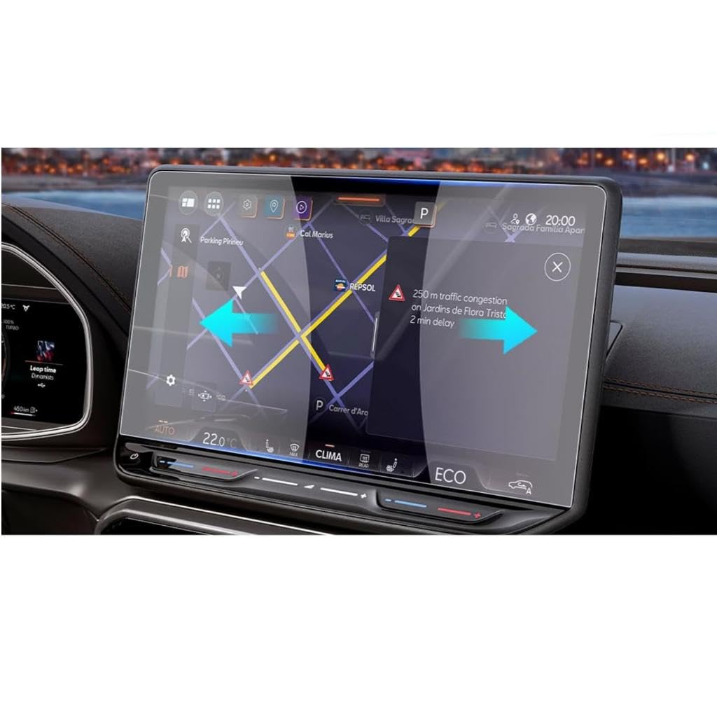 Trafik uyarısı içeren GPS navigasyonunu gösteren araç ekranı.