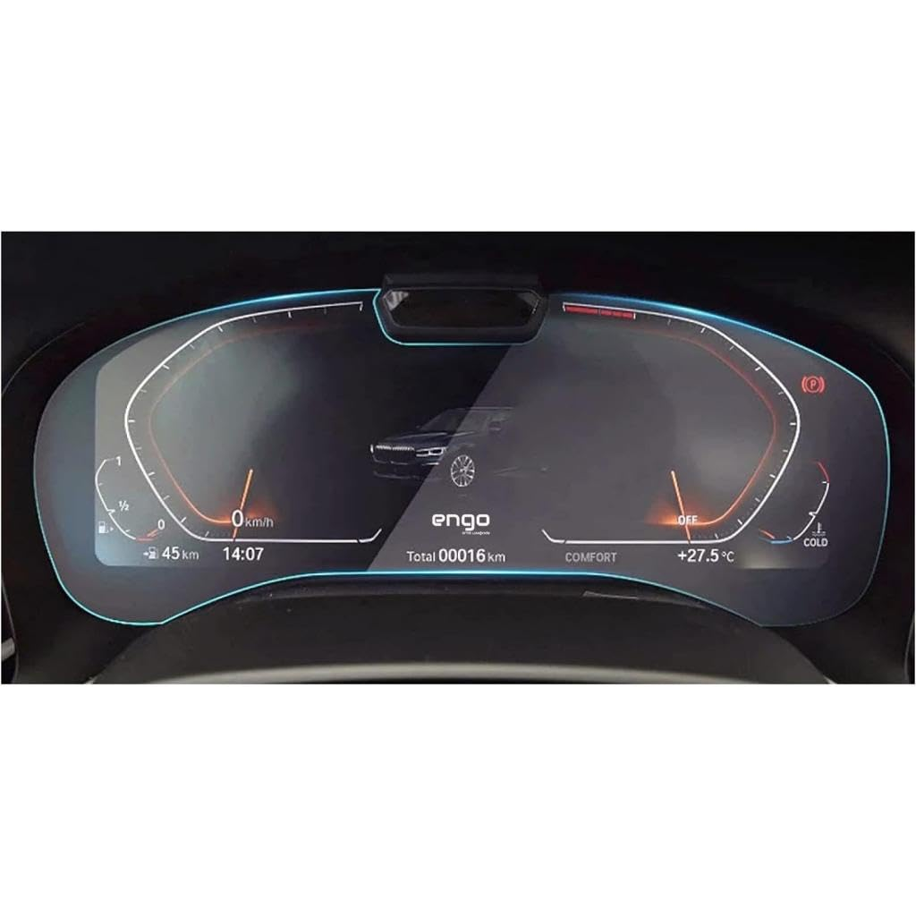 Hiz gostergesi, saat, dis sicaklik ve ortada arac grafigi bulunan dijital araba gosterge paneli.