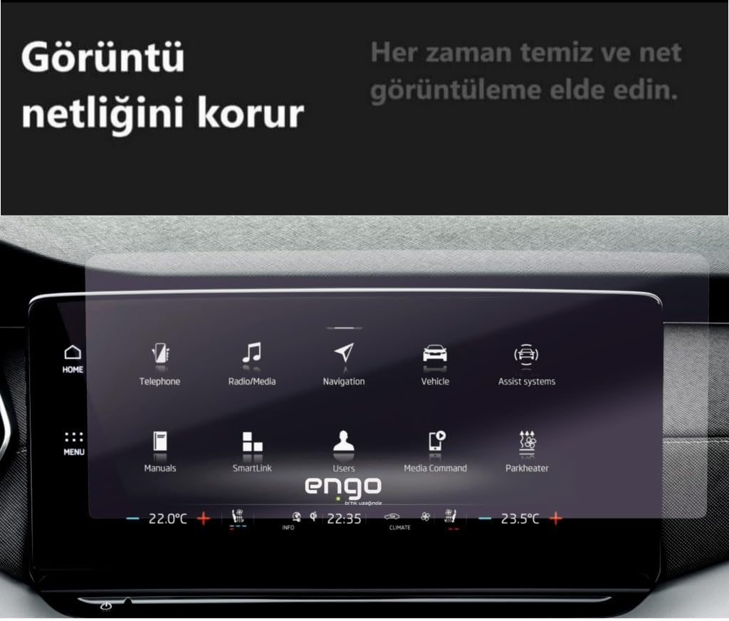 Koruyucu film ve menü simgeleri olan araç ekranı, arka planda Türkçe metin.