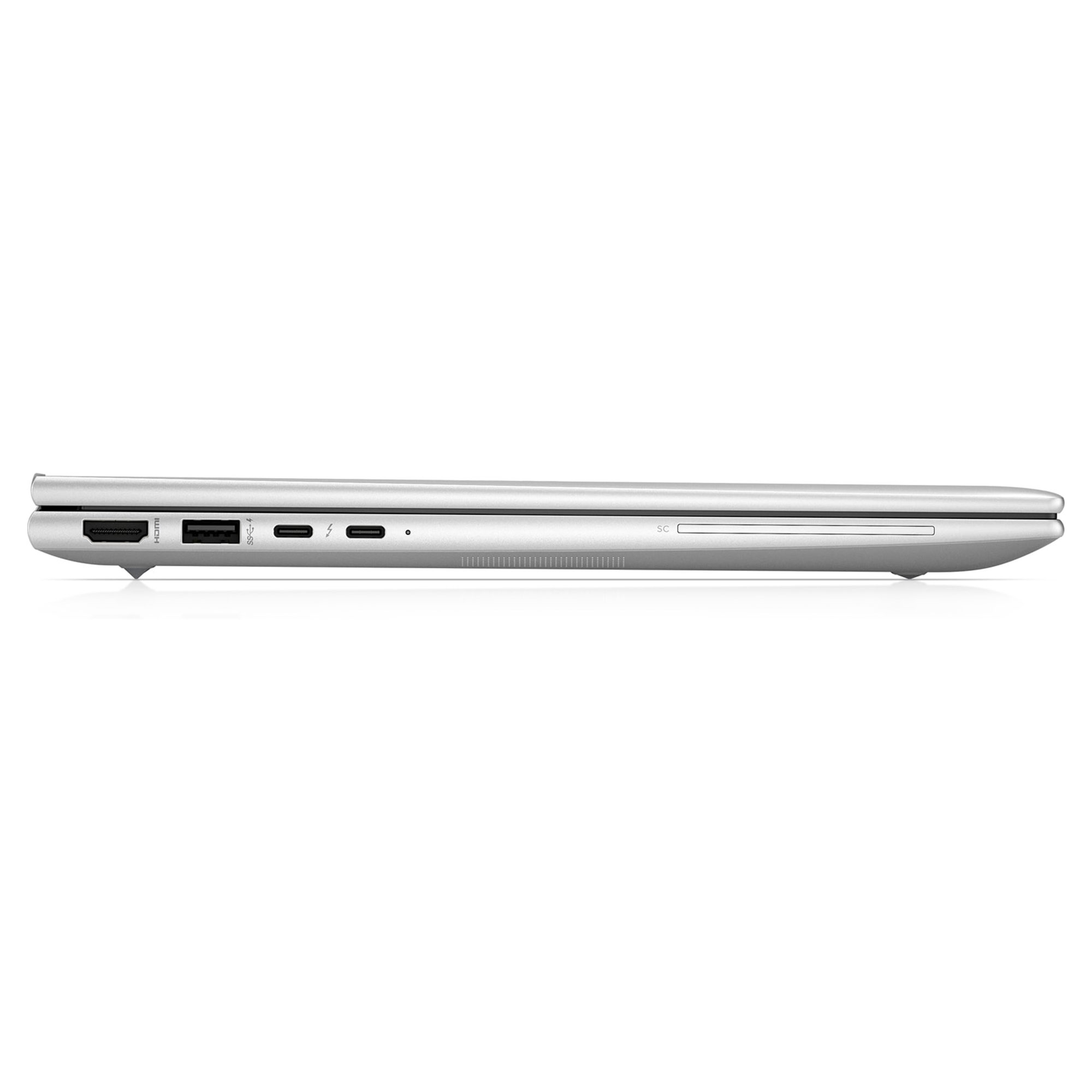 Beyaz arka planda HDMI, USB ve USB-C bağlantı noktalarını gösteren gümüş dizüstü bilgisayarın yan görünümü.