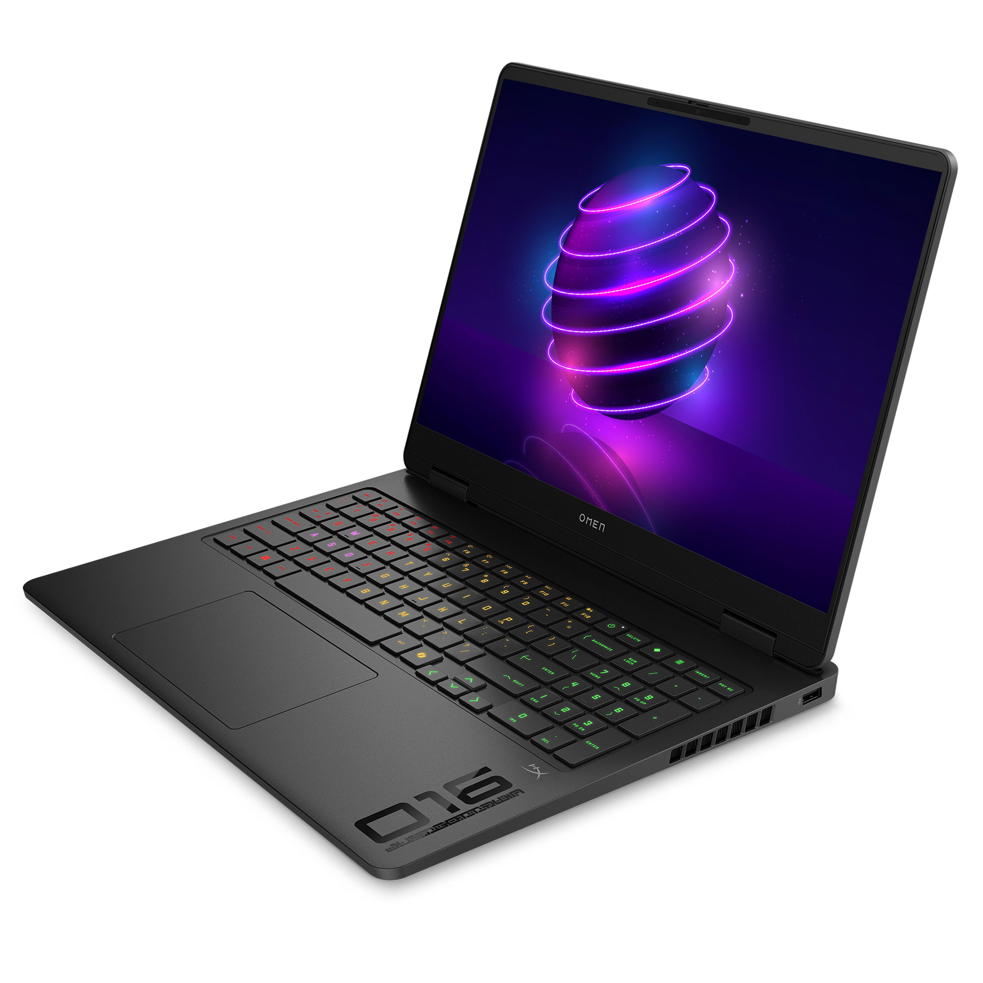 Renkli klavye arka aydınlatmasına ve ekranında parlayan mor küre duvar kağıdına sahip siyah HP Omen 16 dizüstü bilgisayar.