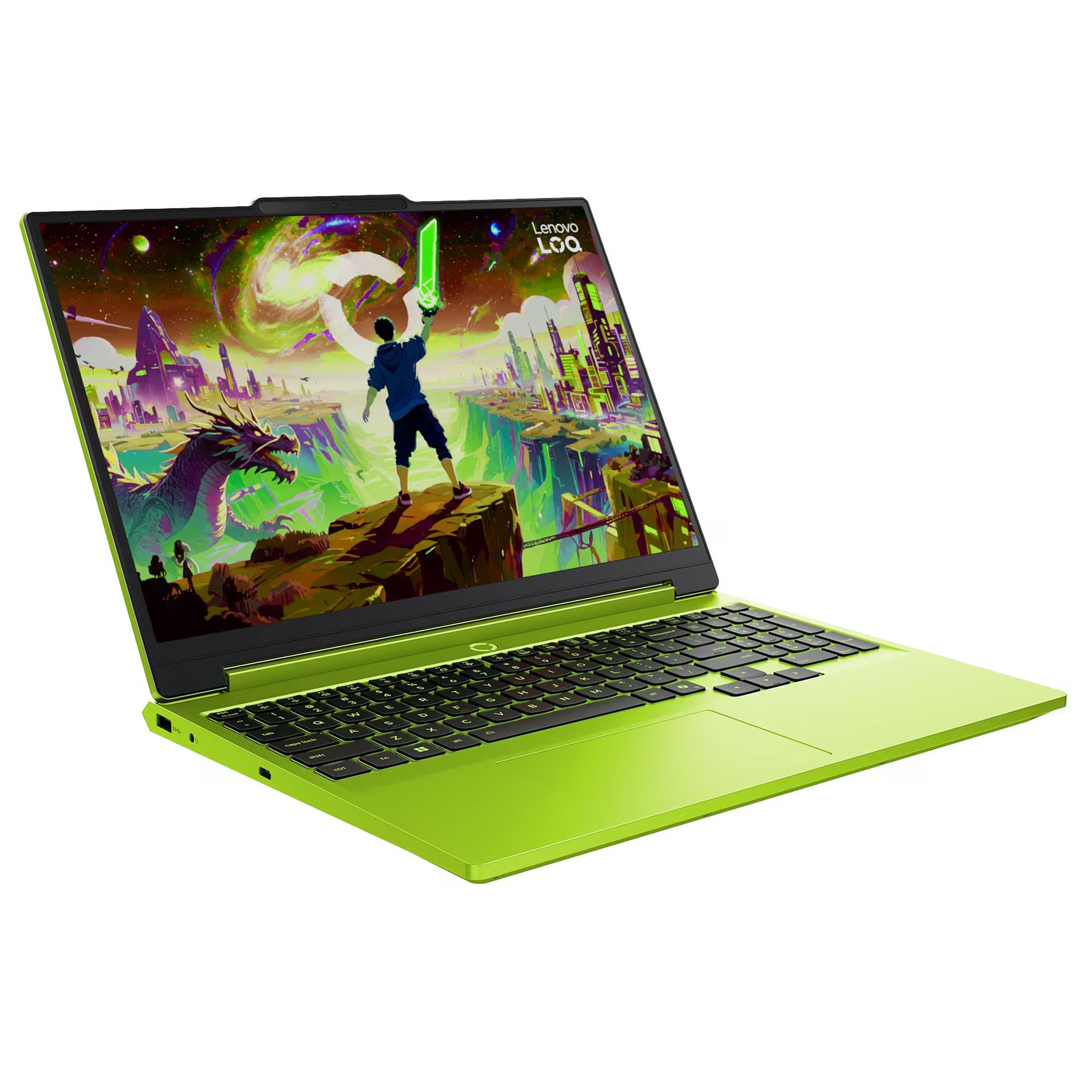 Parlak yeşil bir Lenovo LOQ dizüstü bilgisayar, beyaz arka planda renkli bir fantazi duvar kağıdı gösteriyor.
