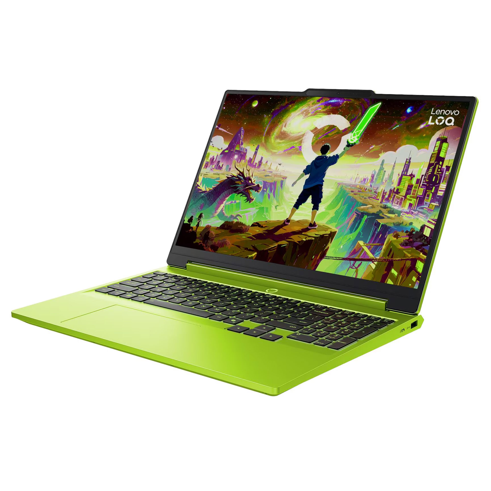 Siyah klavyeli, parlak yeşil bir Lenovo dizüstü bilgisayar, renkli bir fantezi ekran gösteriyor.