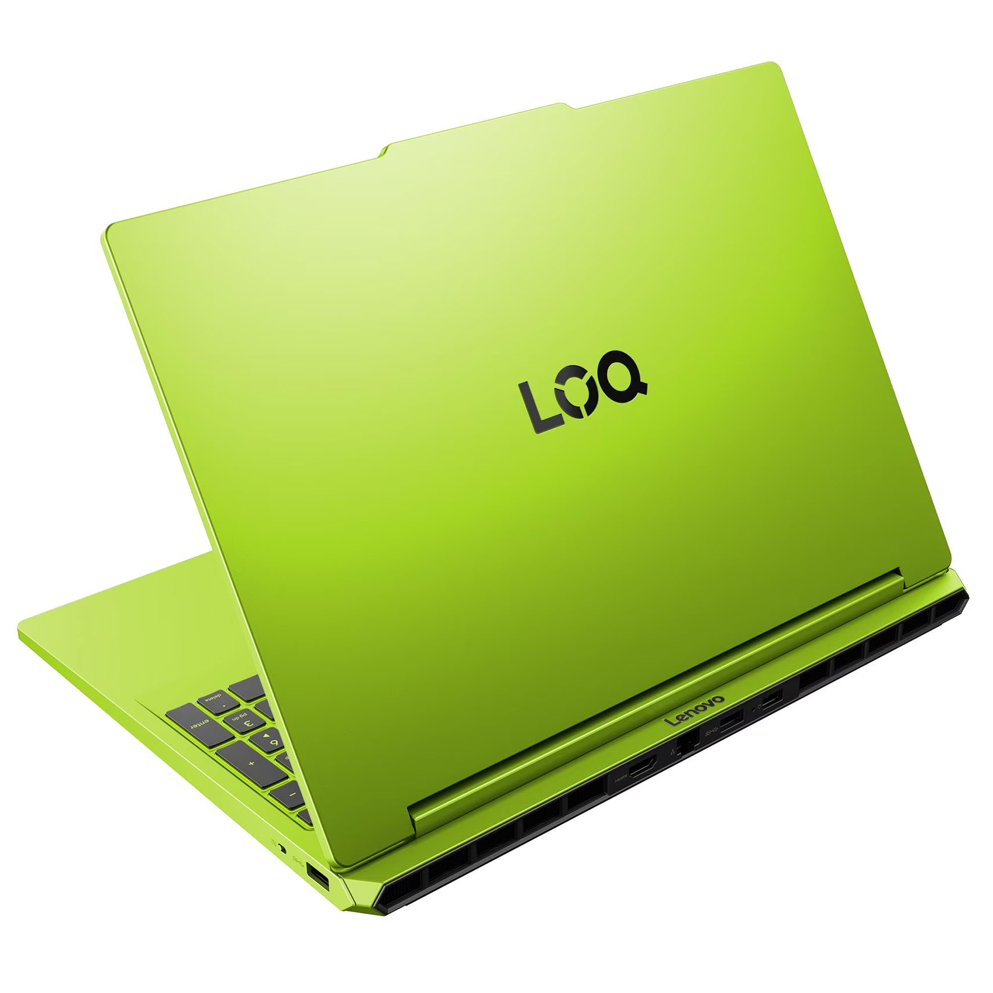 Parlak limon yeşili bir Lenovo LOQ dizüstü bilgisayar beyaz arka planda arkadan gösteriliyor.