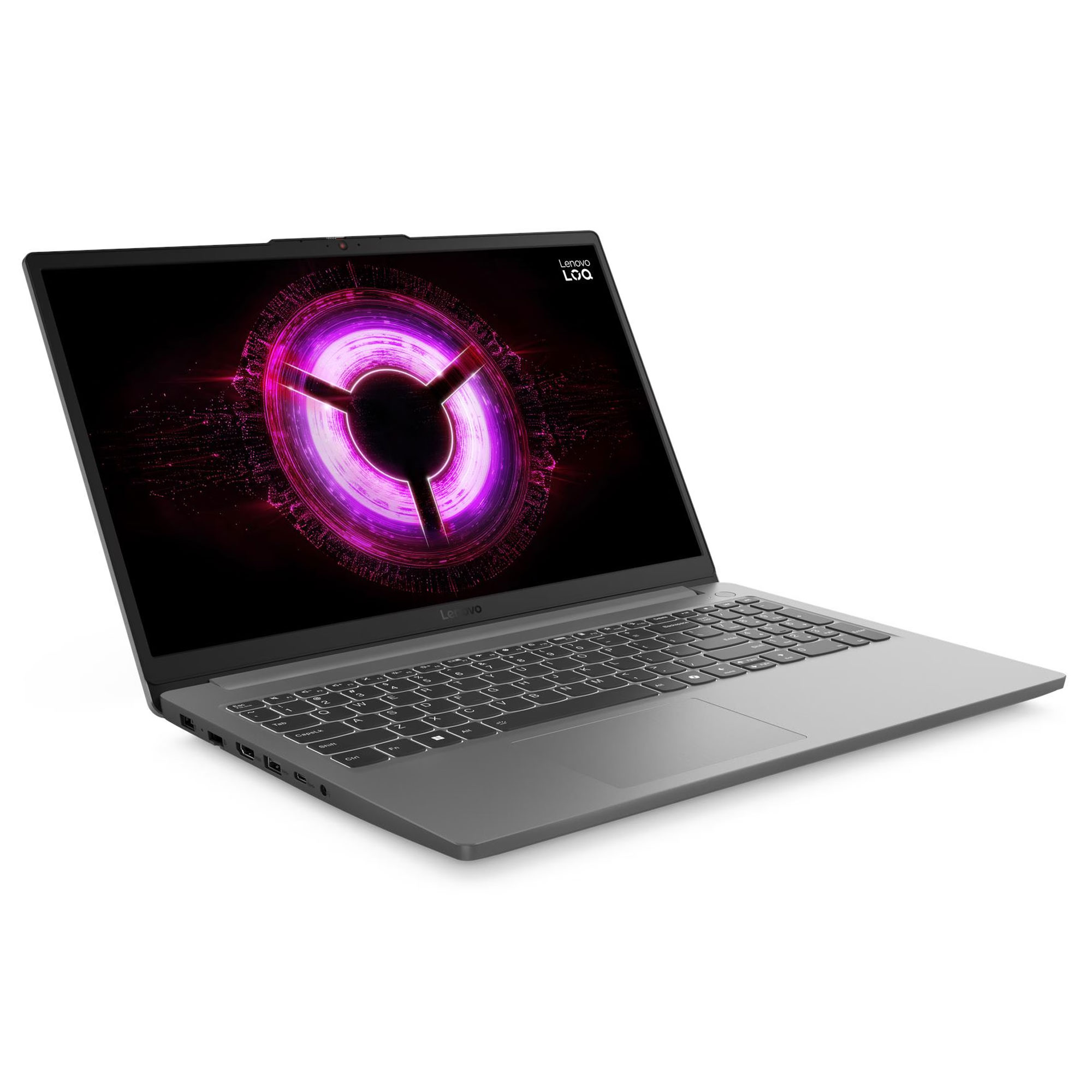 Gri renkli bir Lenovo dizüstü bilgisayar beyaz arka planda açık olup mor ve siyah soyut duvar kağıdı gösteriyor.