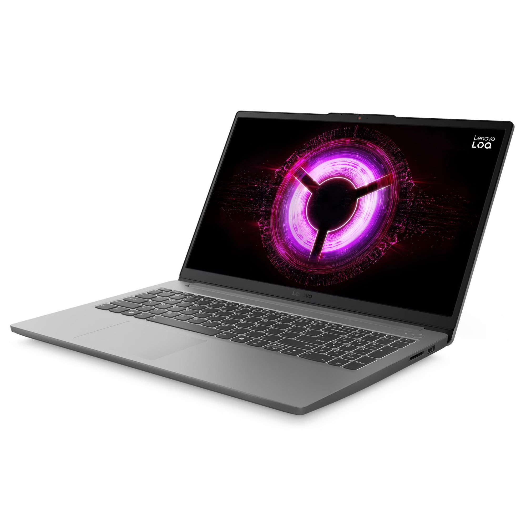 Arkadan aydınlatmalı klavyeye ve ekranda mor soyut duvar kağıdına sahip gri bir Lenovo LOQ dizüstü bilgisayar.