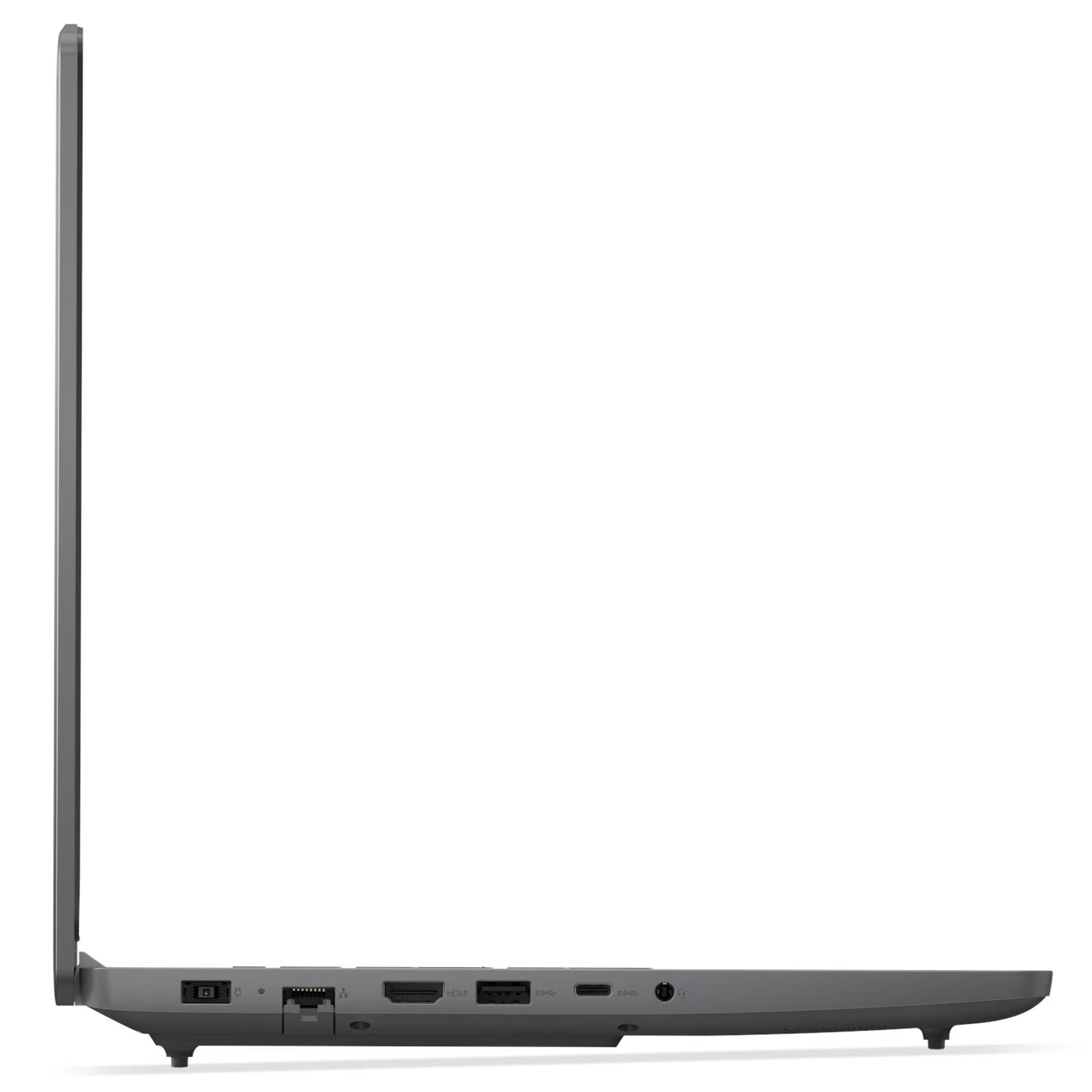 Güç, ethernet, HDMI, USB, USB-C ve ses bağlantı noktalarını gösteren koyu gri bir dizüstü bilgisayarın yandan görünümü.