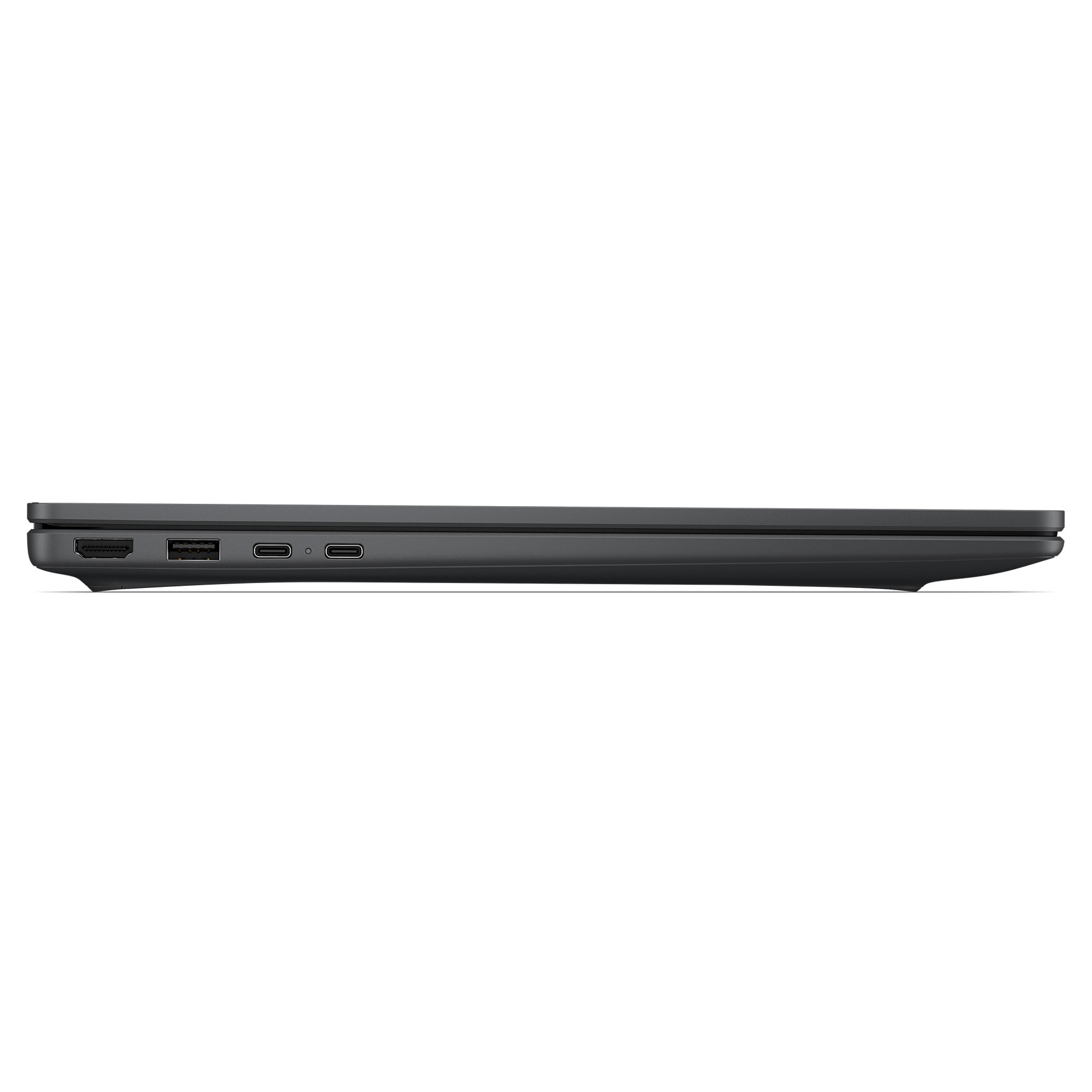 HDMI, USB-A ve iki USB-C bağlantı noktasına sahip kapalı gri dizüstü bilgisayarın sol profil görünümü.