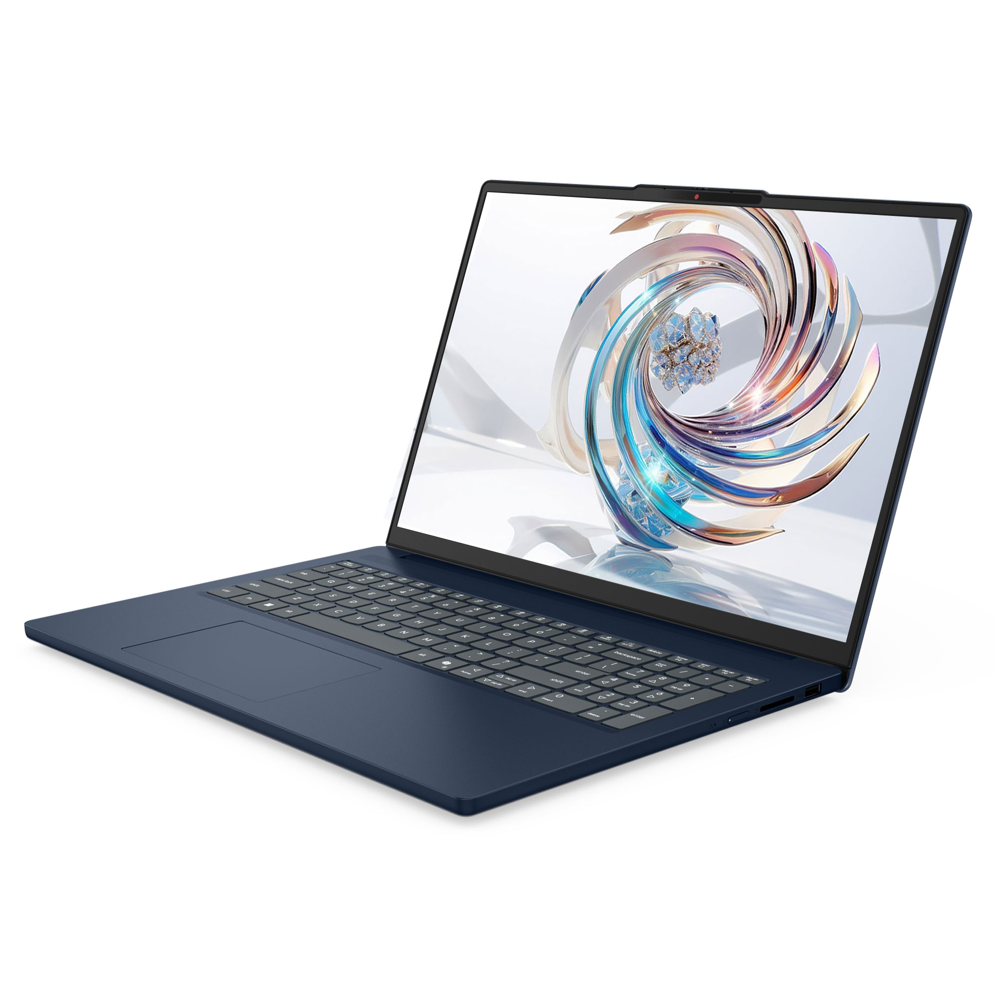 Siyah klavyeli mavi bir dizüstü bilgisayar, beyaz arka plan üzerinde ekranında soyut bir spiral grafik gösteriyor.