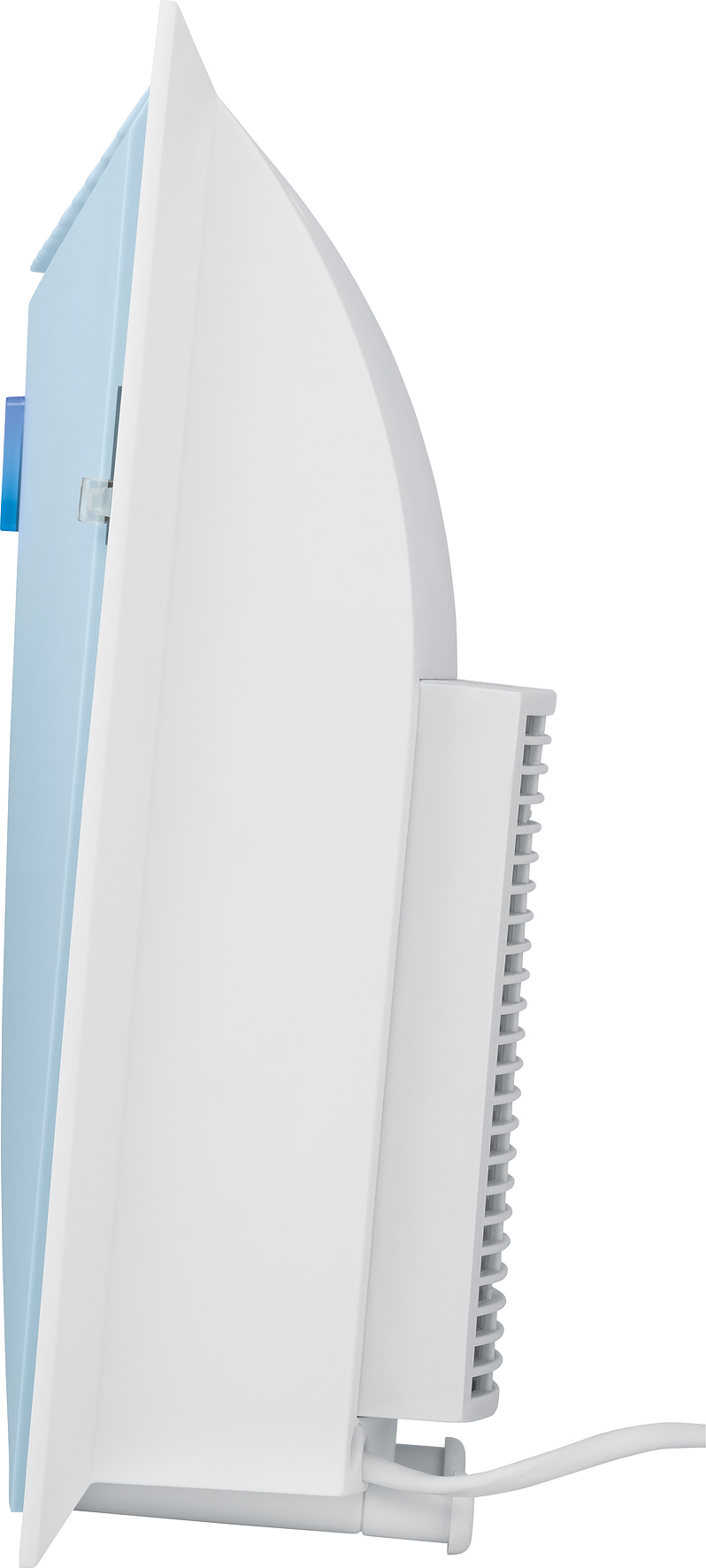 Seitenansicht eines weißen und blauen elektrischen Heizlüfters mit Lamellen und Kabel.