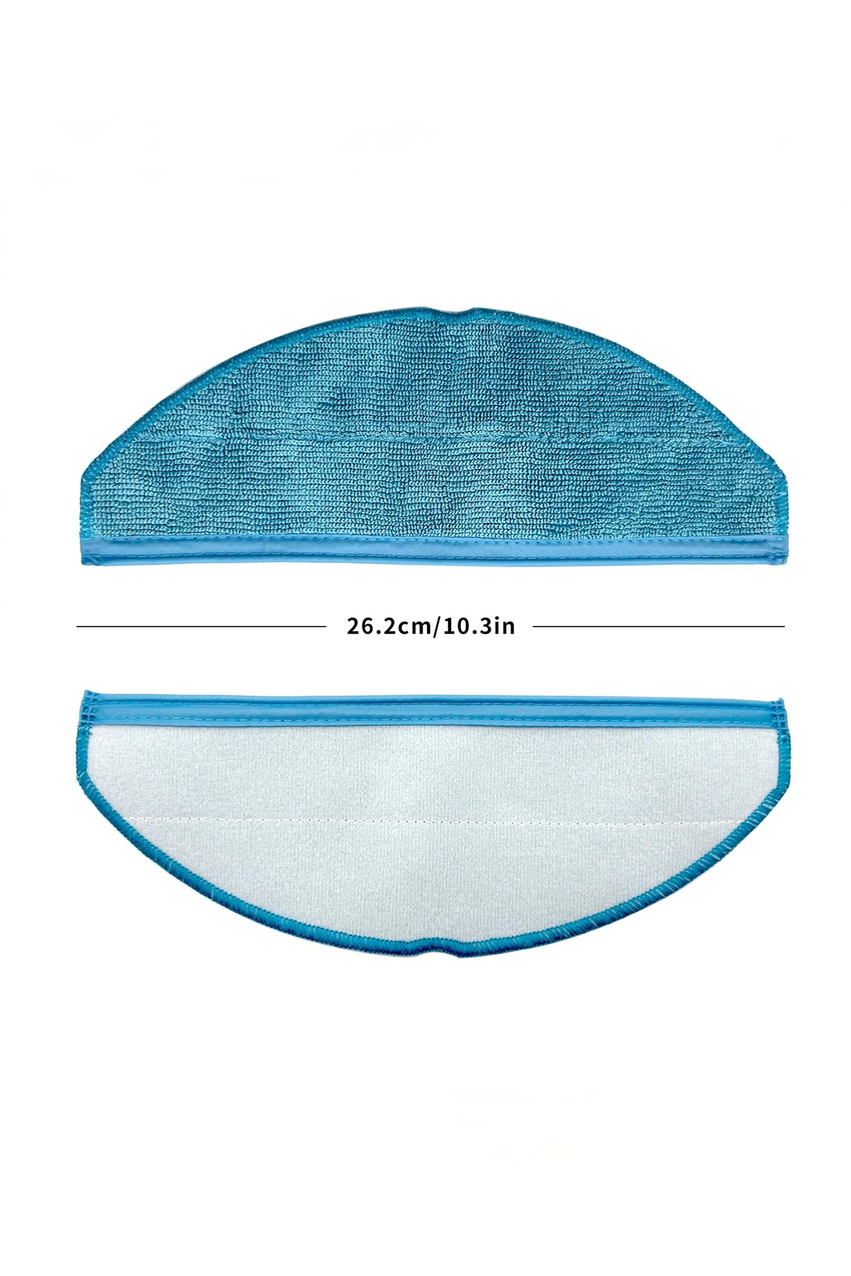 Beyaz arka planda 26,2 cm genişliğinde mavi mikrofiber paspas pedinin üst ve alt görünümü.