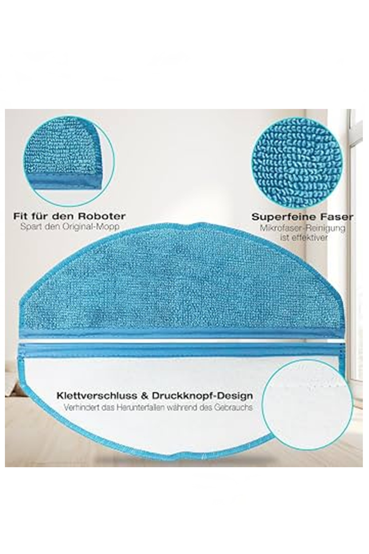 Mikrofiber ve cırt cırtlı kapatmaya sahip mavi robot paspas pedi.