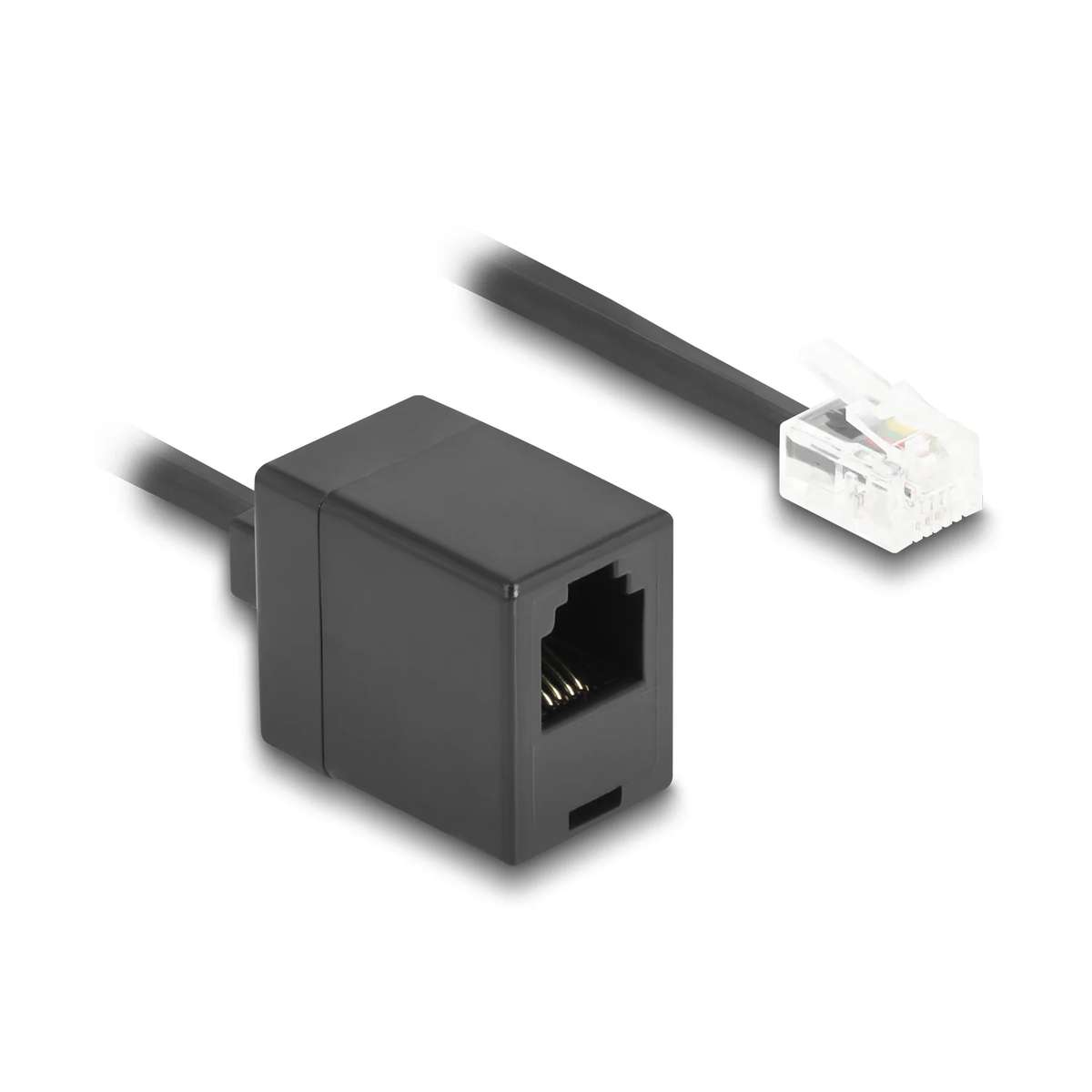 Un adaptador telefónico negro con puerto RJ11 y un cable con conector transparente.
