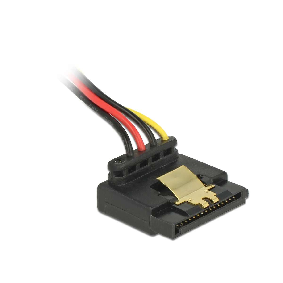 Un conector de alimentación SATA negro con un clip dorado y cuatro cables adjuntos en negro, rojo y amarillo.