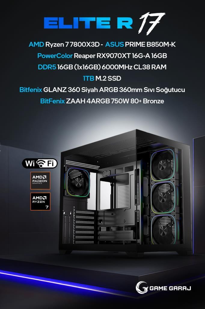 AMD Ryzen 7, RX9070XT, 16GB RAM ve 1TB SSD'ye sahip, ARGB fanlı siyah kasalı oyuncu bilgisayarı.