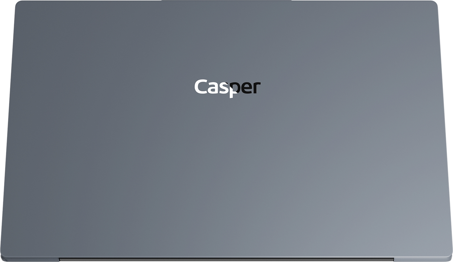 Üst kapağın ortasında Casper logosu bulunan kapalı gri dizüstü bilgisayar.