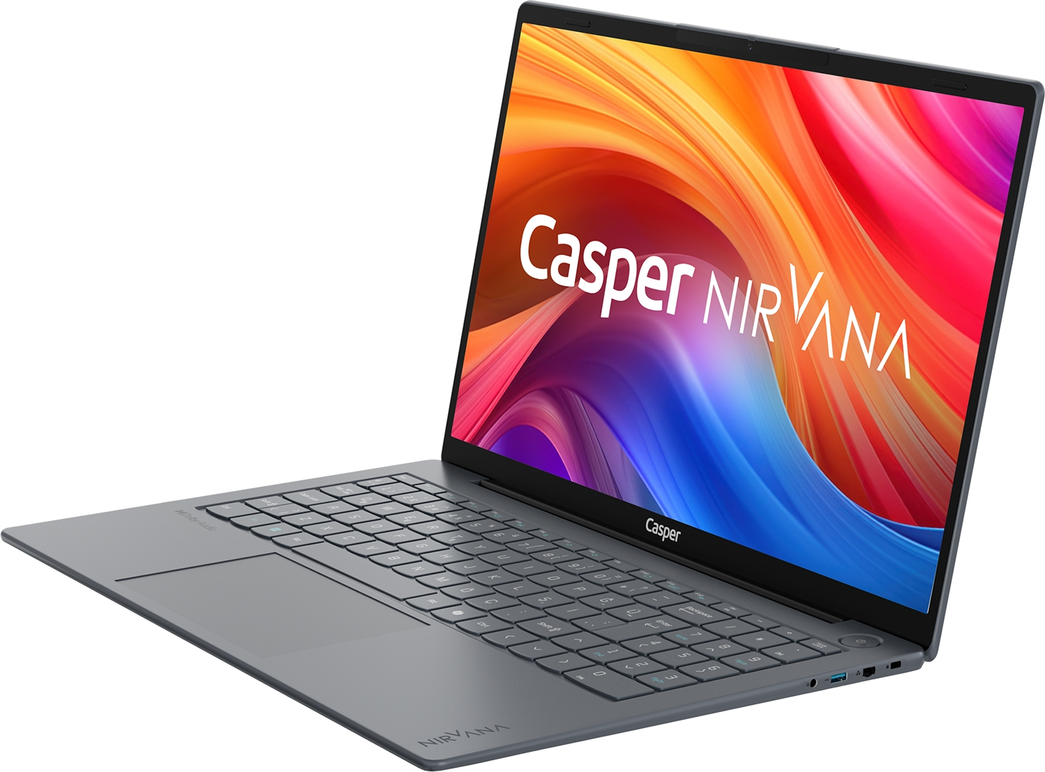 Renkli soyut arka plana ve Casper logosuna sahip, açık gri Casper Nirvana dizüstü bilgisayar.
