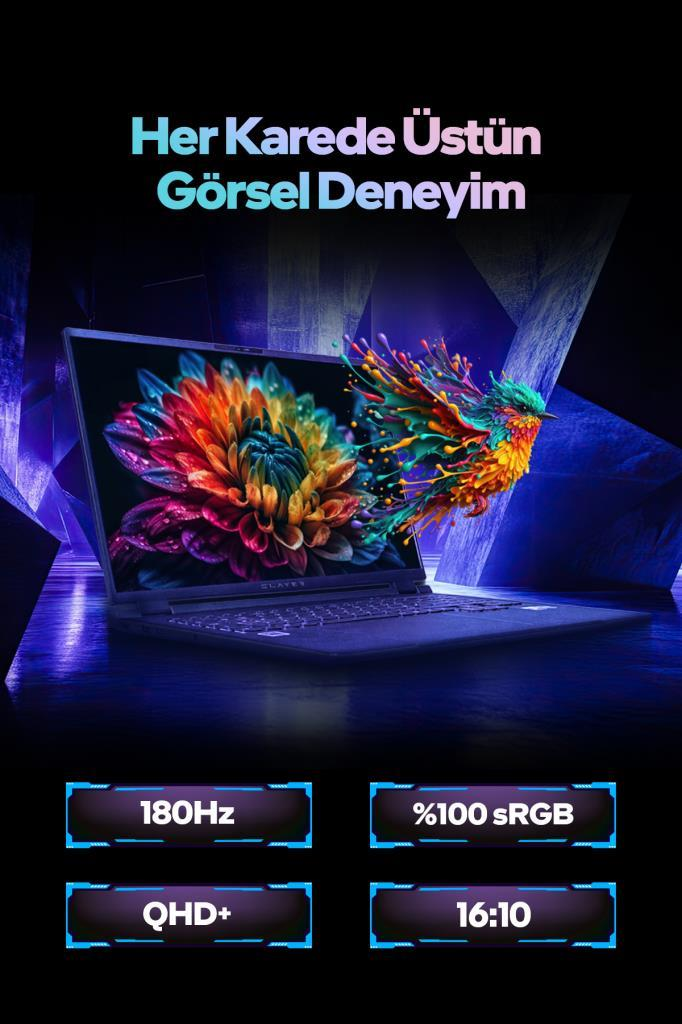 Siyah bir dizüstü bilgisayar, ekranında renkli çiçek ve kuş grafiği ve altında teknik özellikler sergiliyor.