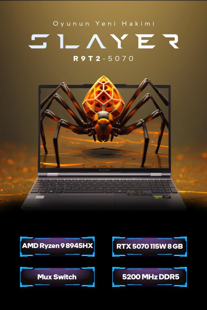Ekranında mekanik örümcek olan Slayer R9T2-5070 oyuncu dizüstü bilgisayarı ve altında özellik kutuları.