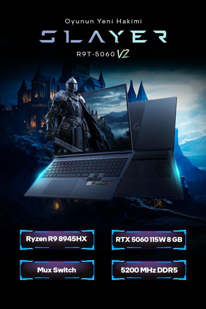 Şato ve şövalye duvar kağıtlı arka planda Slayer R9T-5060 V2 oyuncu laptopu.