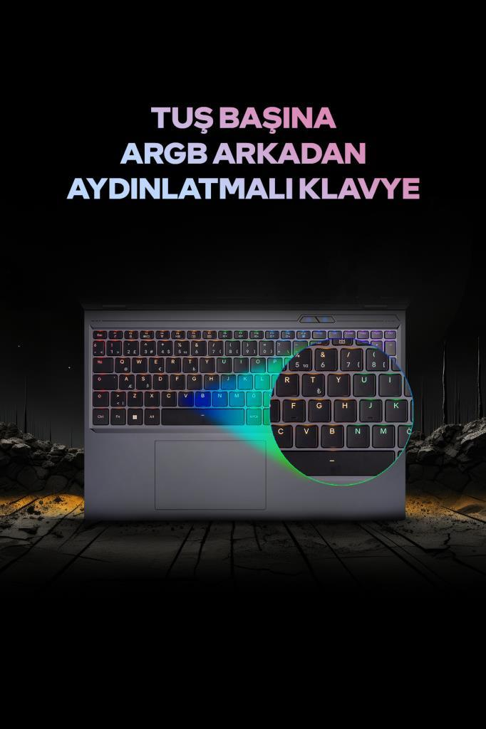 Koyu arkaplan üzerinde tuşların büyütülmüş görünümüne sahip ARGB arka aydınlatmalı bir klavye.
