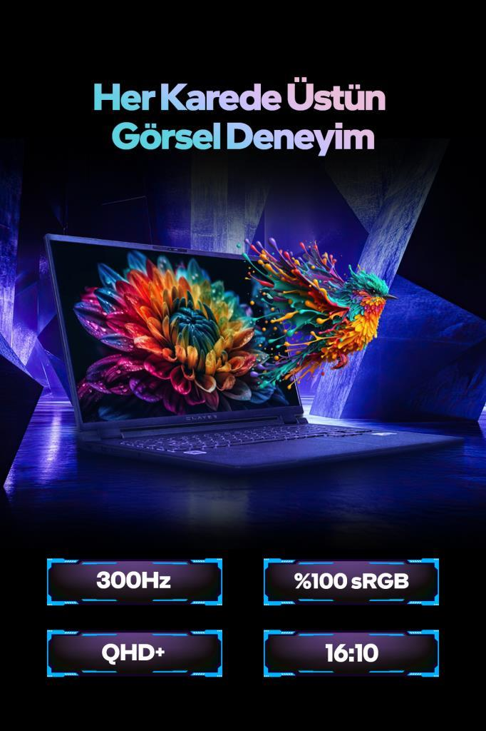 Ekranda renkli çiçek ve kuş grafiği olan bir dizüstü bilgisayar, altında 300Hz ve QHD+ yazıları.