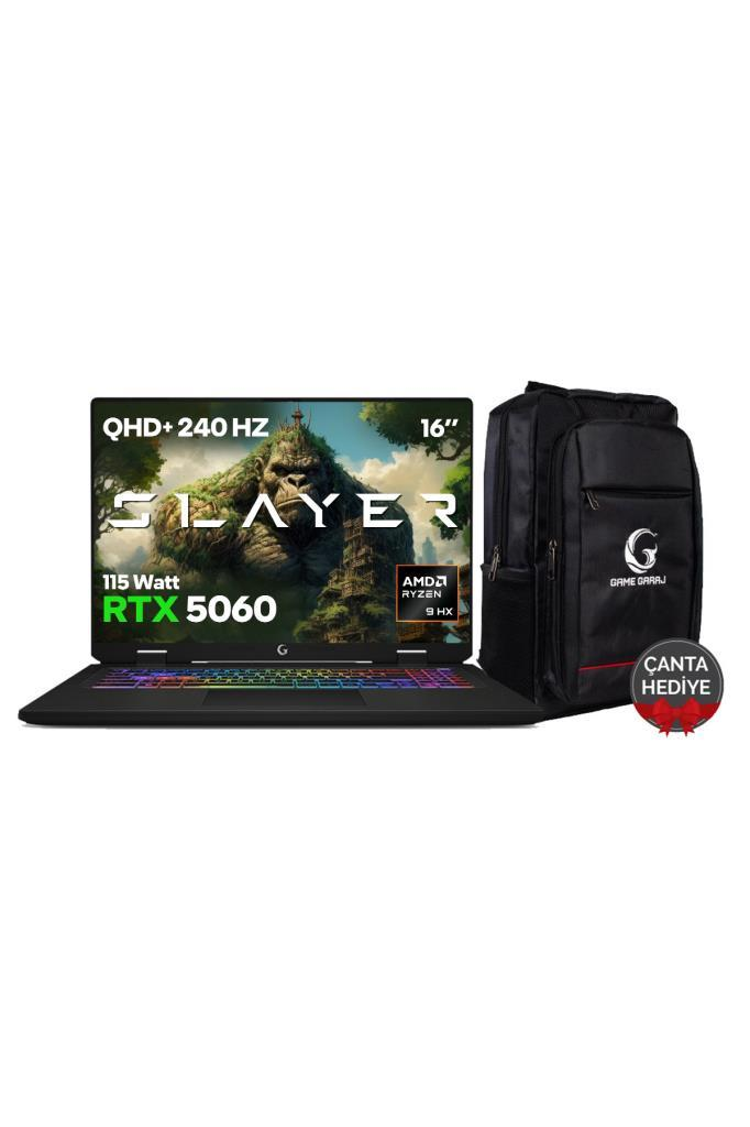 RTX 5060, AMD Ryzen 9 ve hediye rozetli siyah sırt çantasına sahip bir Slayer oyuncu dizüstü bilgisayarı.