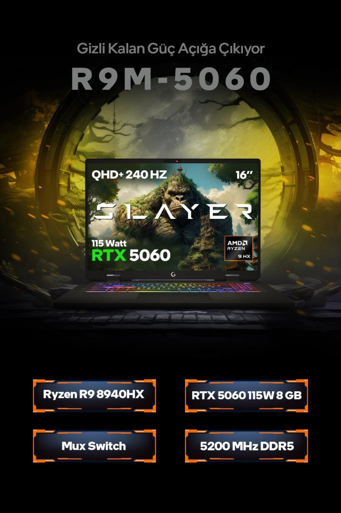 Ryzen R9 ve RTX 5060 işlemcili Slayer oyuncu dizüstü bilgisayarı.