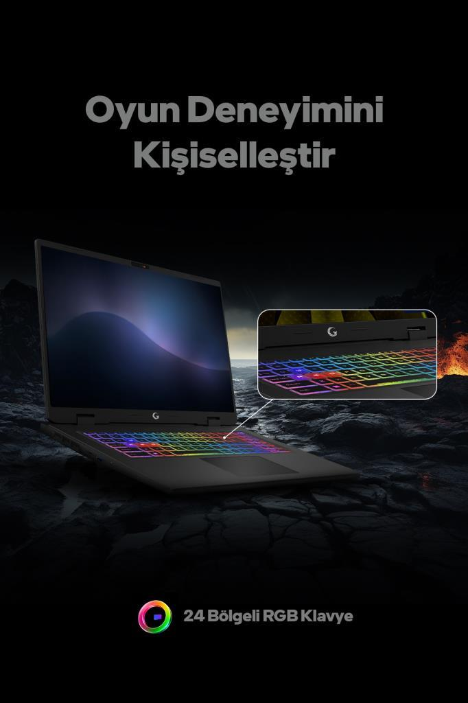 Kayalık zemin üzerinde aydınlatmalı RGB klavyeli bir oyuncu dizüstü bilgisayarı.