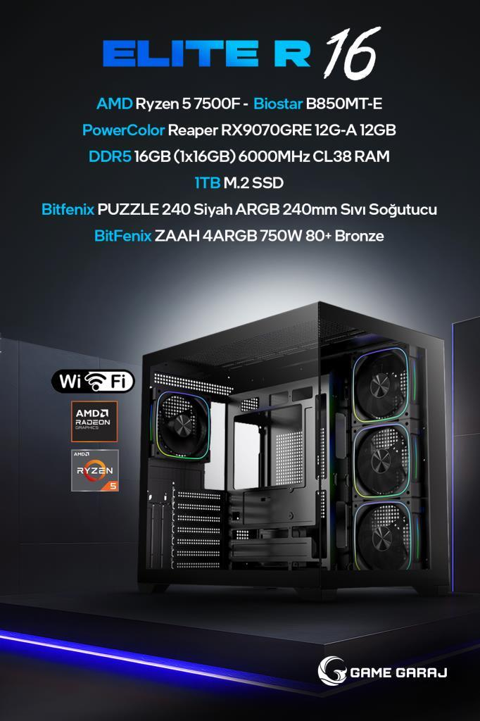 Siyah cam kasada AMD Ryzen 5, RX grafik ve ARGB fanlı ELITE R 16 oyun bilgisayarı.