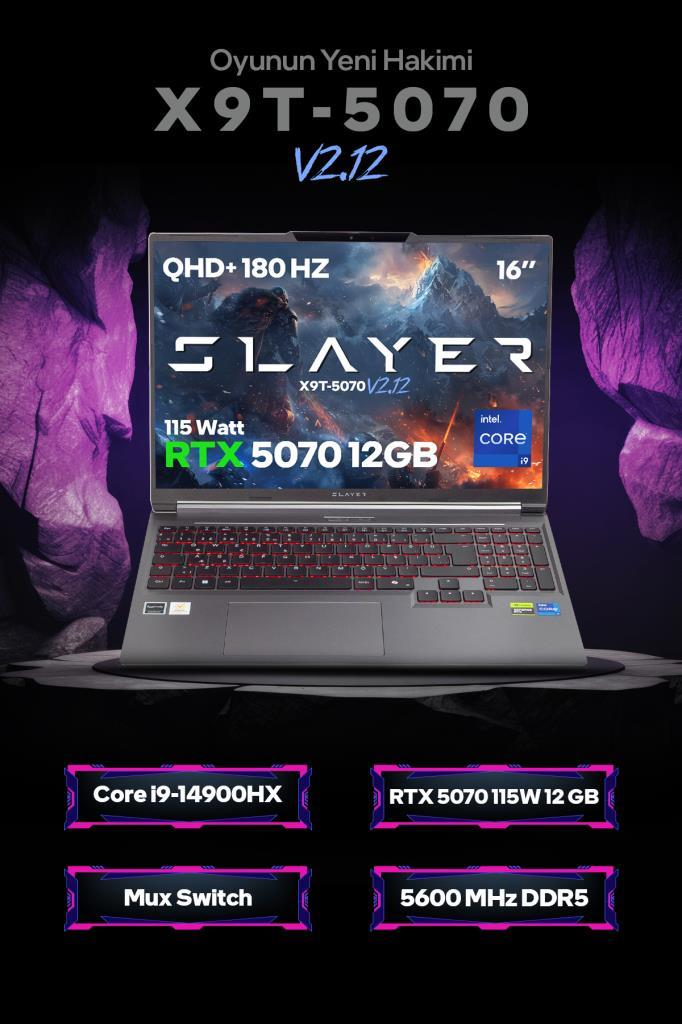 Koyu mor arka plan önünde QHD+ 180Hz ekran, RTX 5070 ve Intel Core i9 işlemciye sahip Slayer oyuncu dizüstü bilgisayarı.