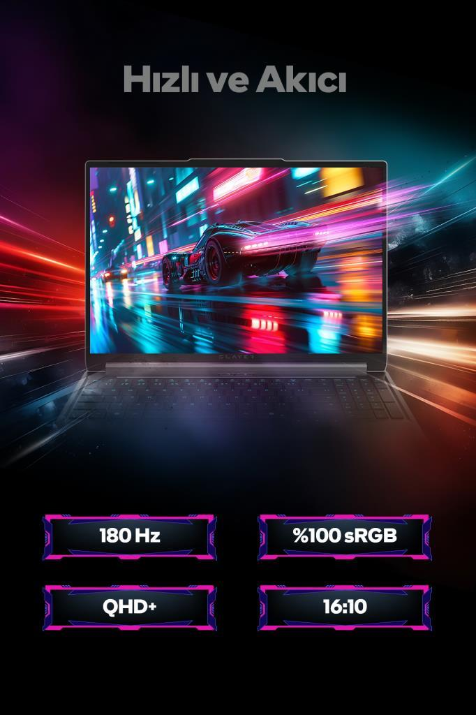 Ekranında yarış arabası olan bir oyuncu dizüstü bilgisayarı ve 180 Hz, QHD+, 16:10 etiketleri.