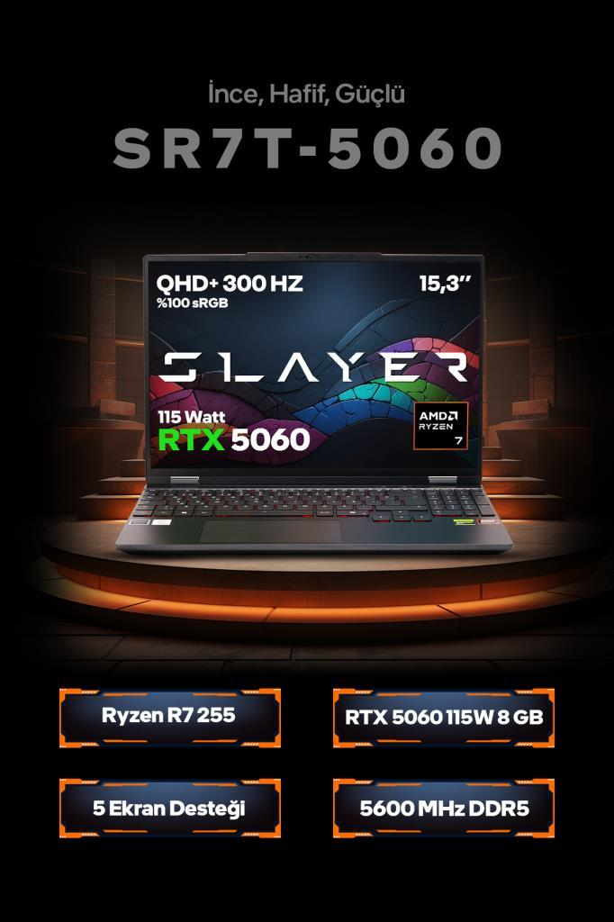 Sahne üzerinde QHD+, Ryzen R7 255 ve RTX 5060 özelliklerine sahip bir Slayer oyuncu dizüstü bilgisayarı.