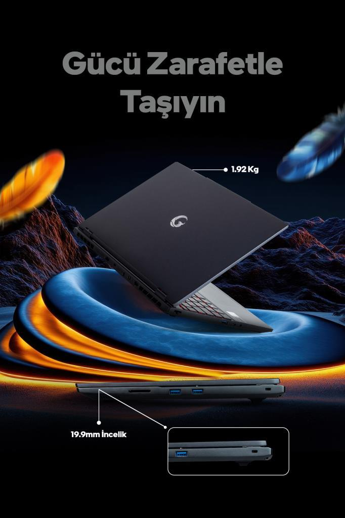 1.92 kg ağırlığında ve 19.9 mm inceliğinde şık siyah dizüstü bilgisayar, mavi ve altın rengi zeminde.
