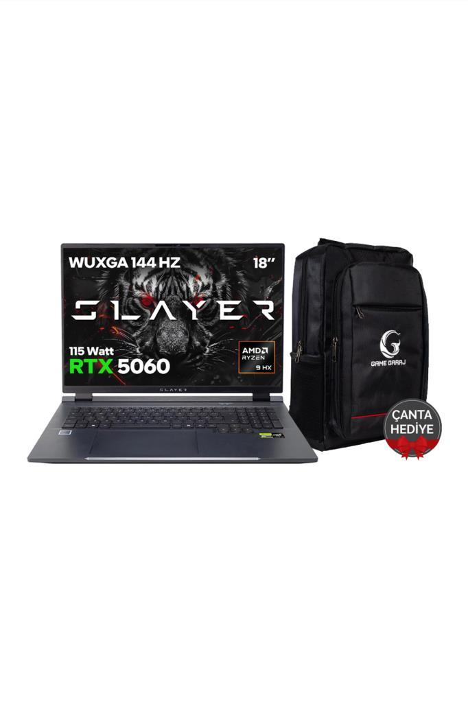 RTX 5060 ve AMD Ryzen özellikli gri SLAYER oyuncu dizüstü bilgisayarı ve yanında siyah bir sırt çantası.
