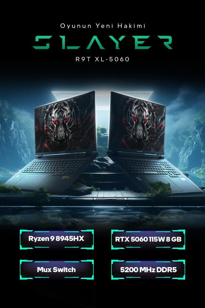 Kaplan duvar kağıtlı ve Ryzen 9 ile RTX 5060 gibi teknik özelliklere sahip iki dizüstü bilgisayar.