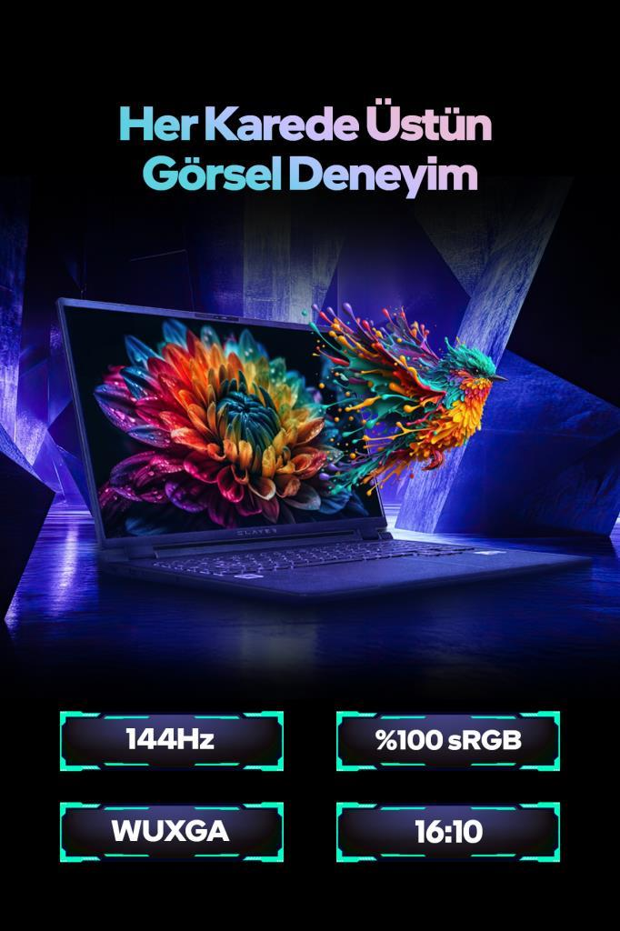Ekranında canlı çiçek ve kuş görseli olan, teknik özelliklerle çevrili dizüstü bilgisayar.