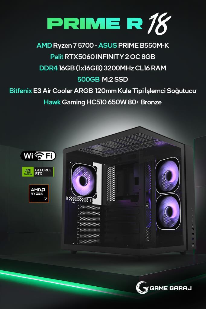 AMD Ryzen 7 işlemcili, RTX grafik kartlı ve koyu yeşil arka planda aydınlatmalı fanlara sahip oyun bilgisayarı.