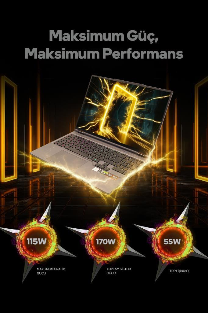 Koyu arka plan üzerinde turuncu enerji efektleri olan bir laptop ve 115W, 170W, 55W değerlerinde üç yıldız.