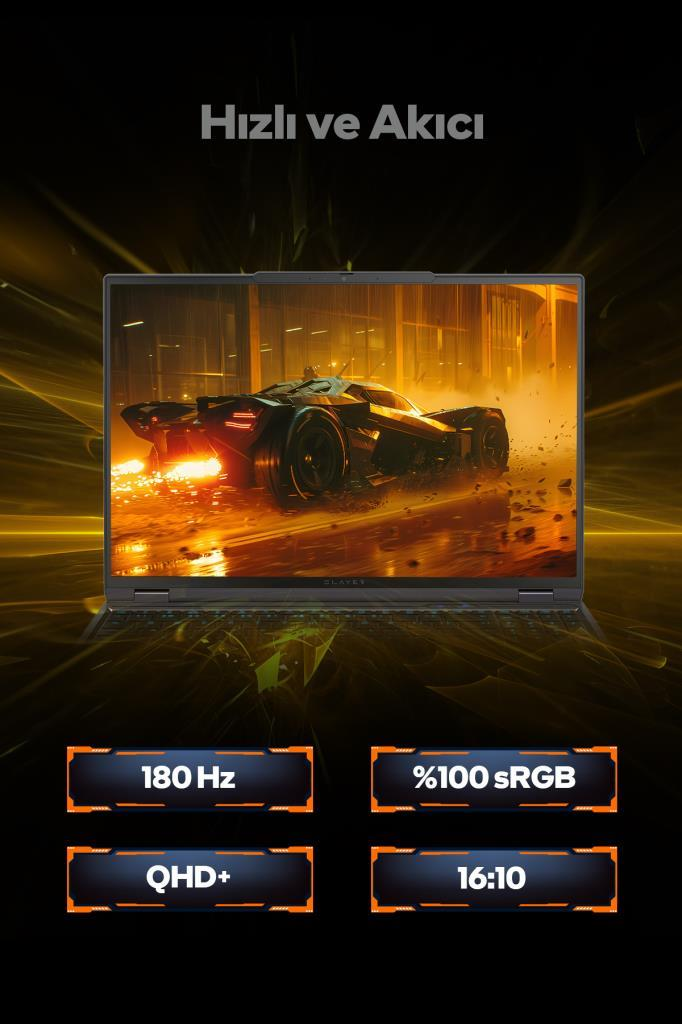 Ekranında yarış arabası olan ve altında 180 Hz, QHD+ özellikleri yazan laptop.