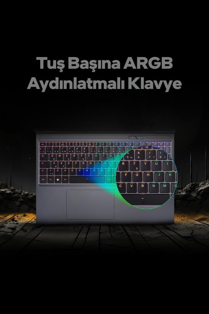 Tuş başına ARGB aydınlatmalı klavye, yakın çekim görünüm ve üstte yazı.