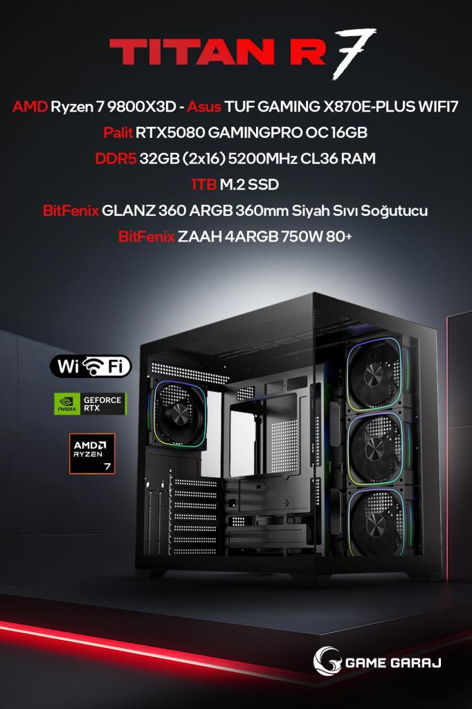 Karanlık arka planda RGB fanlı, AMD Ryzen 7 ve RTX 5080 içeren Titan R7 oyuncu bilgisayarı.