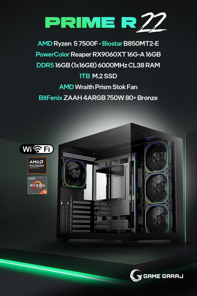 Yeşil ışıklı arka plan ve donanım özellikleriyle cam kasalı ve RGB fanlı oyun bilgisayarı.